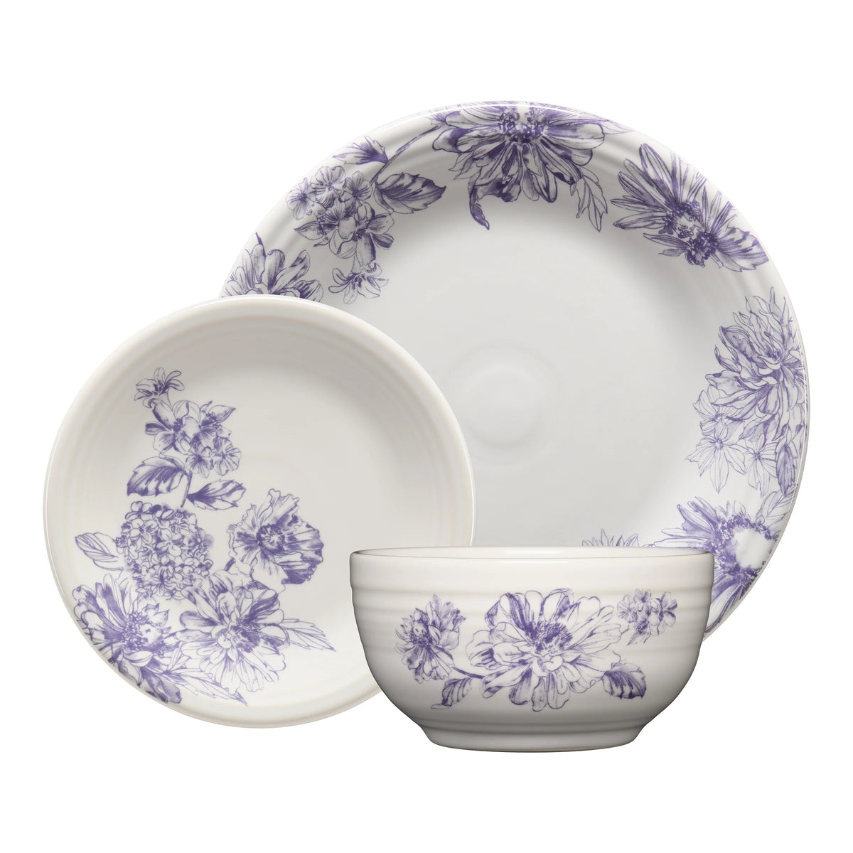 Botanical Floral Lavender Classic Bistro 3-Piece Dinnerware Set, Service For 1