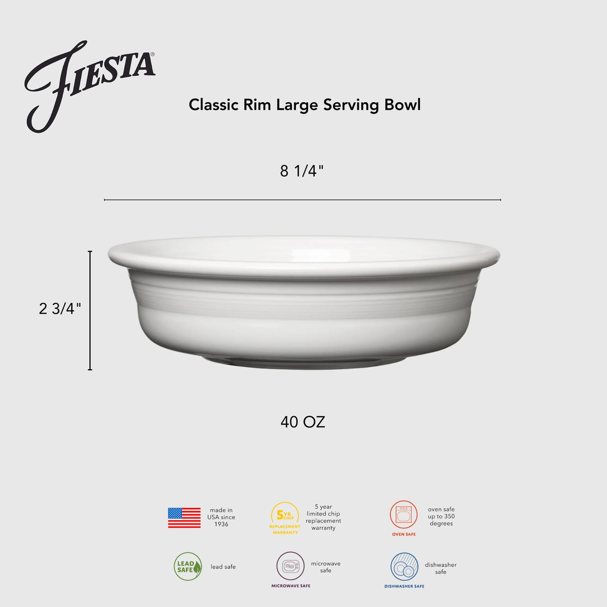 Classic Rim 8 1/4 Inch Large Serving Bowl 40 OZ