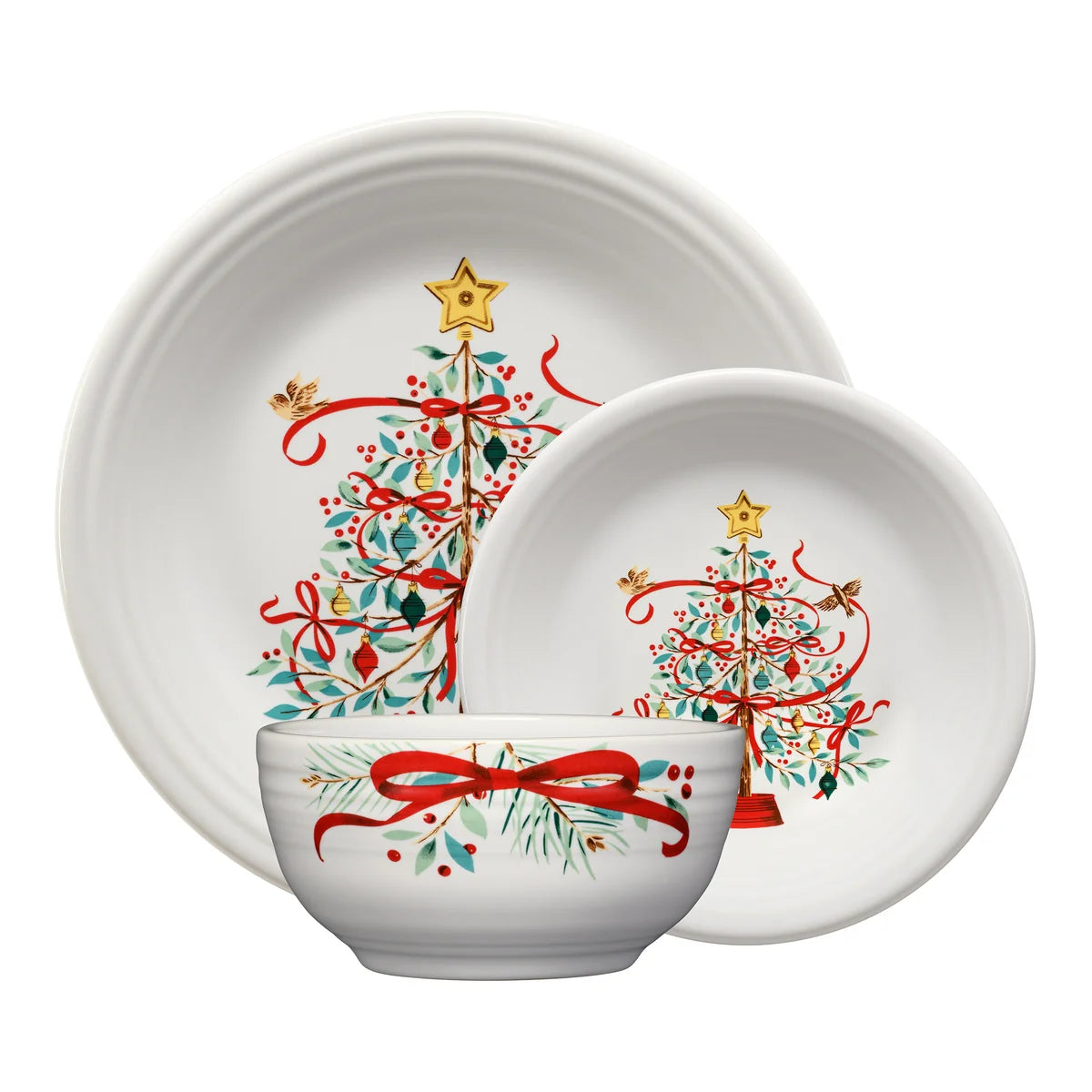 Holly Berry Christmas Tree Classic Bistro 3-Piece Dinnerware Set, Service For 1